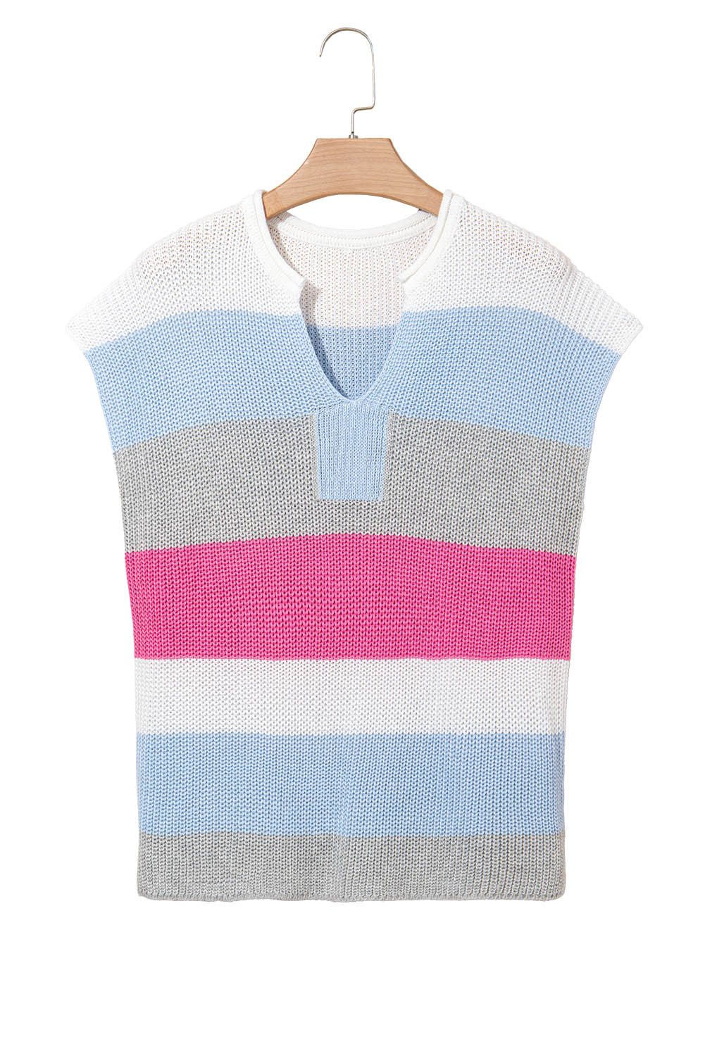 Light Blue Color Block Notch V Neck Sweater T Shirt for Women