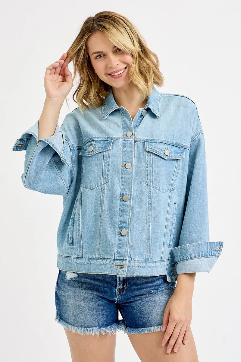 RISEN Washed Dropped Shoulder Denim Jacket Oversized Fit