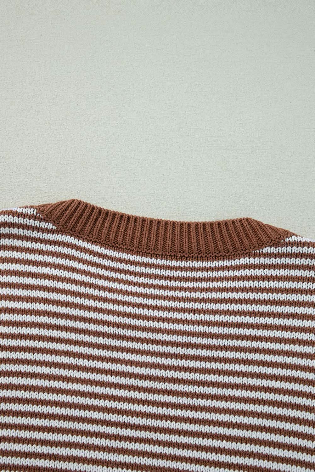 Brown Stripe Geometric Textured Drop Shoulder Sweater