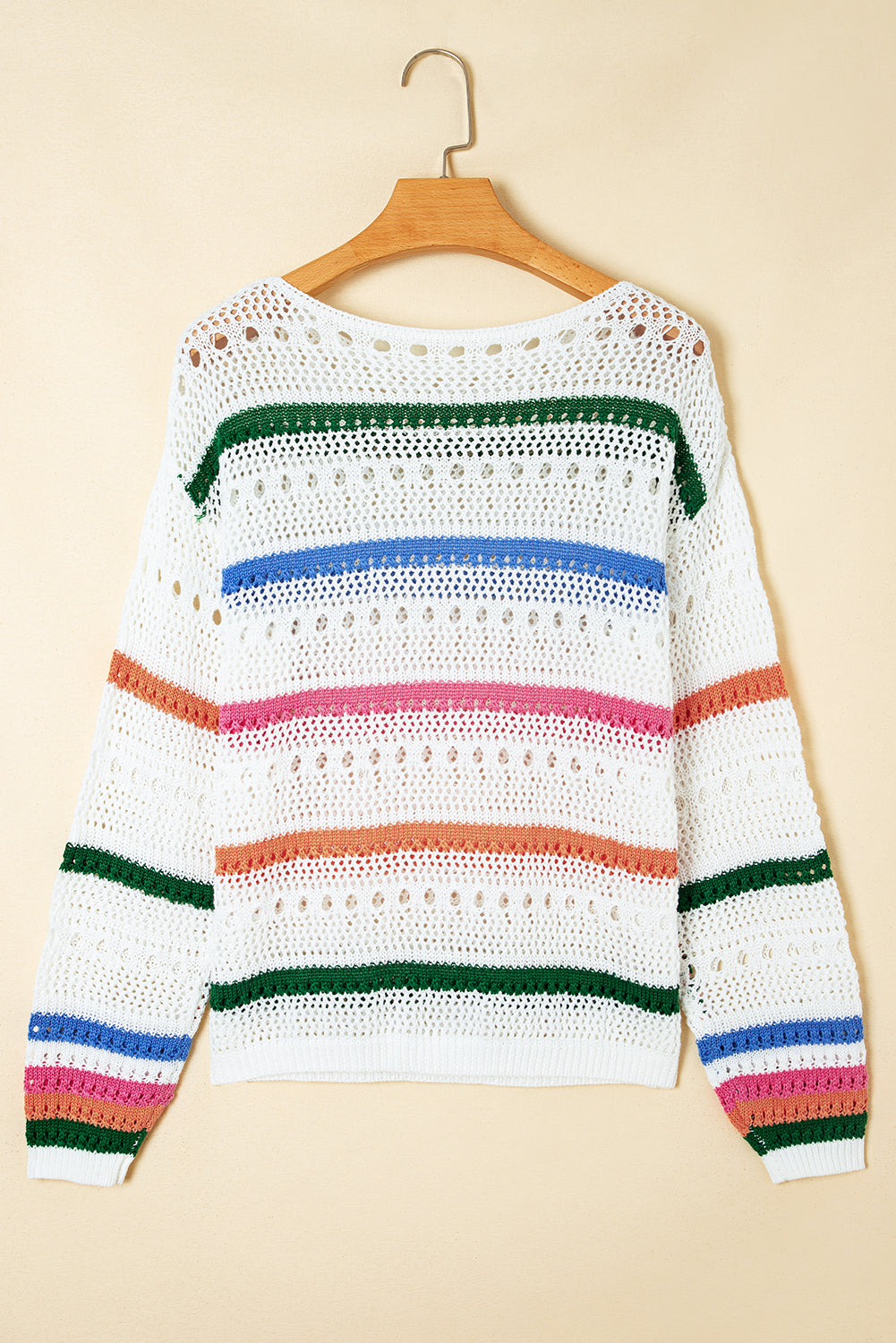 Premium White Color Block Striped Pointelle Knit Sweater