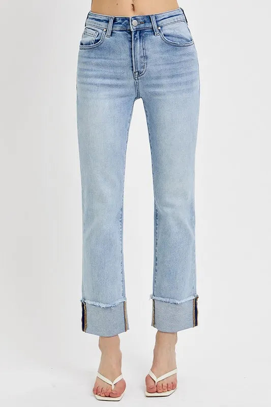 Risen High Rise Straight Cuffed Relaxed Jeans For Women