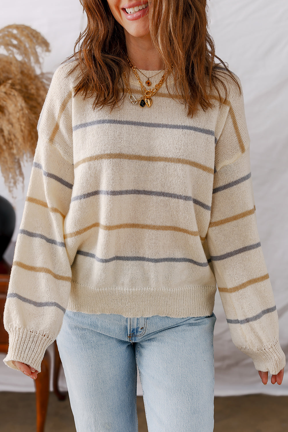 Premium Multicolour Striped Ribbed Edge Drop Shoulder Sweater