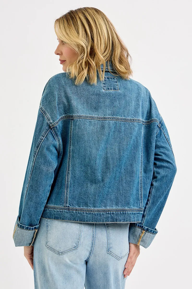 RISEN Oversized Cargo Pocket Denim Jacket Cuffed Sleeves