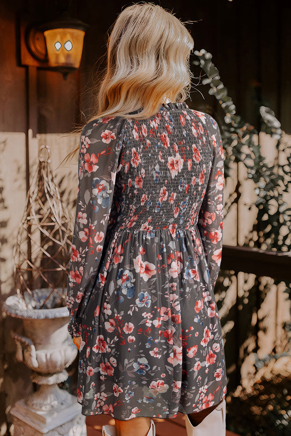 Brown Frilly Smocked Bodice Mesh Long Sleeve Mini Dress