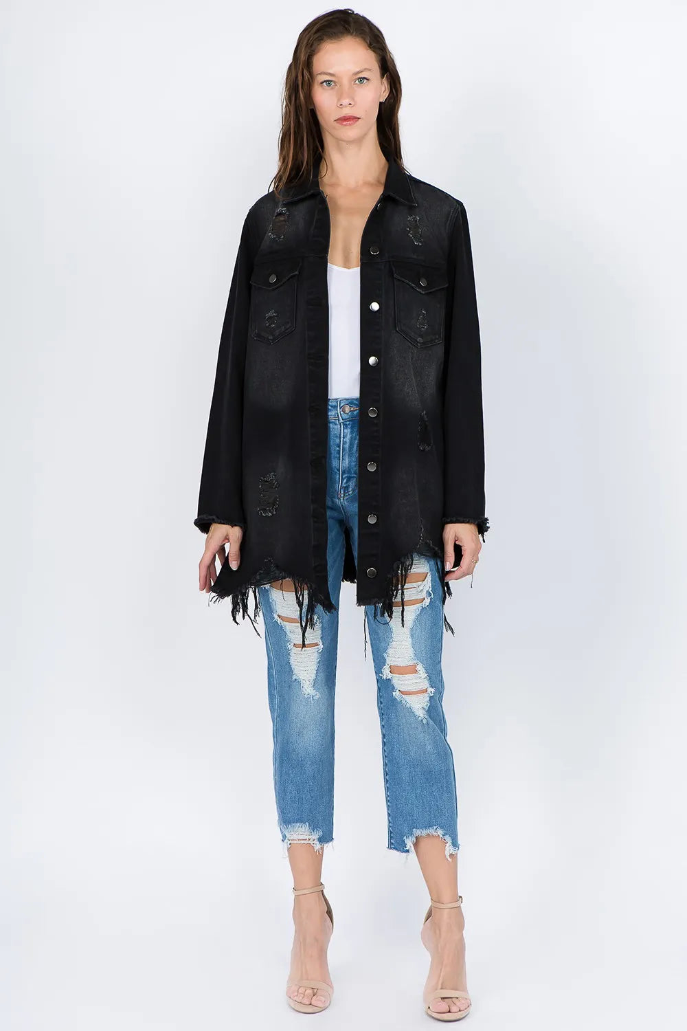 Trendsi American Bazi Distressed Frayed Hem Denim Jacket - Apparel & Accessories Clothing Shirts & Tops