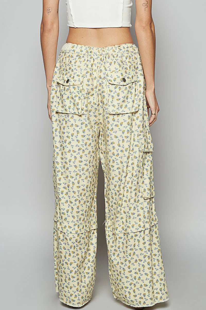 POL Floral Cargo Wide Leg Pants with Lace Drawstring