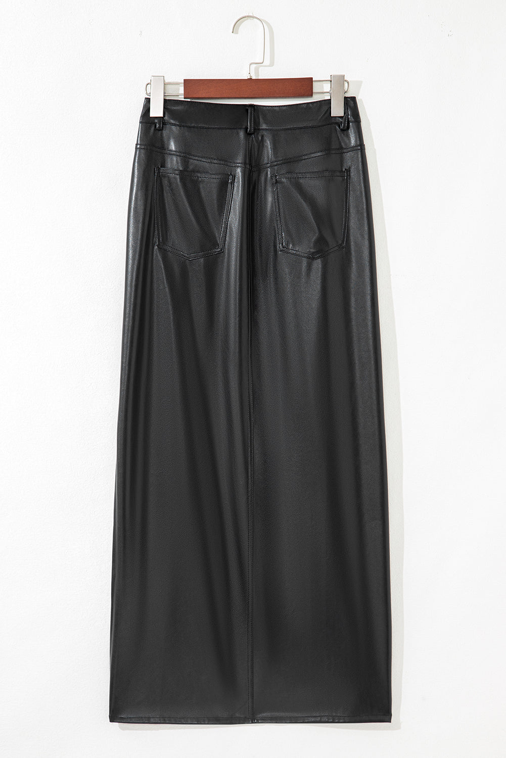Black Faux Leather Side Slit Maxi Skirt For Evening Wear