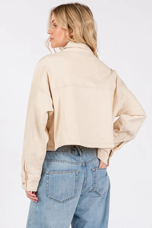 Bytos Button Down Cropped Denim Jacket With Patch Pockets In Cream