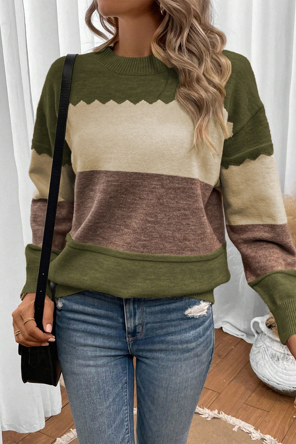 Brown Colorblock Crew Neck Drop Shoulder Knit Sweater