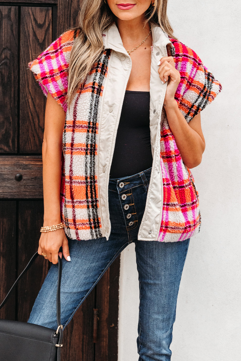 Rose Sherpa Plaid Jacket Vest