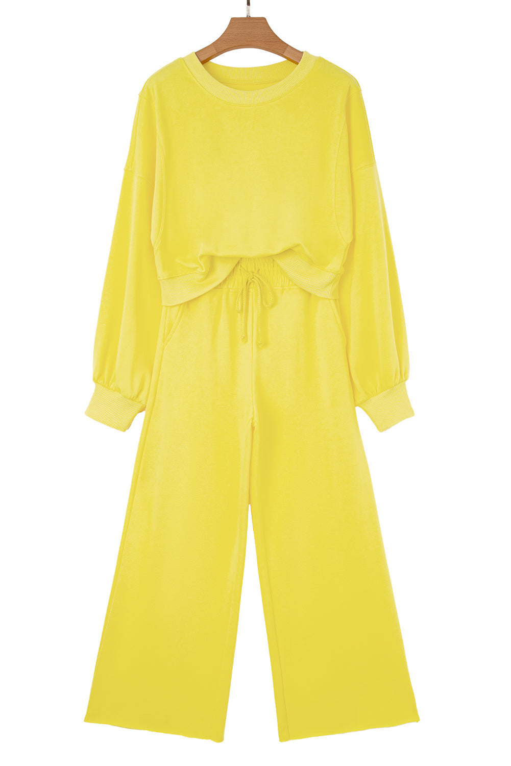 Yellow Cream Puff Sleeve Crop Top and Wide Leg Pants
