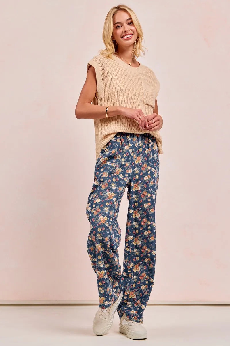 BiBi Washed Floral Print Wide Leg Jeans