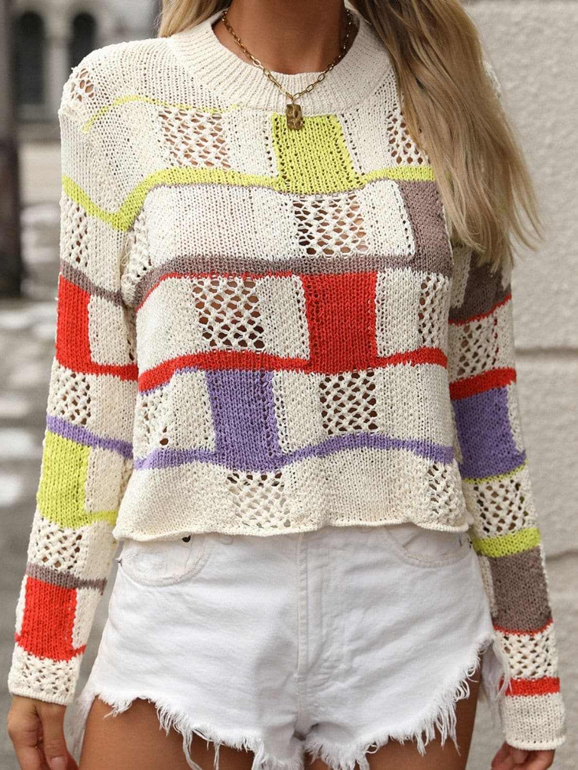 Colorful crochet round neck pullover