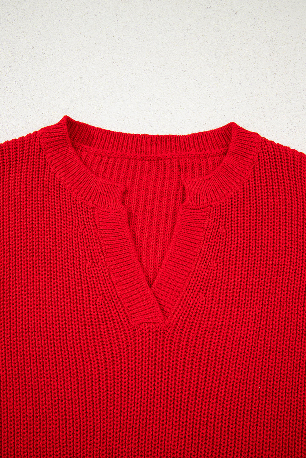 Premium Racing Red Solid Textured Knit V Neck Drop Shoulder Sweater