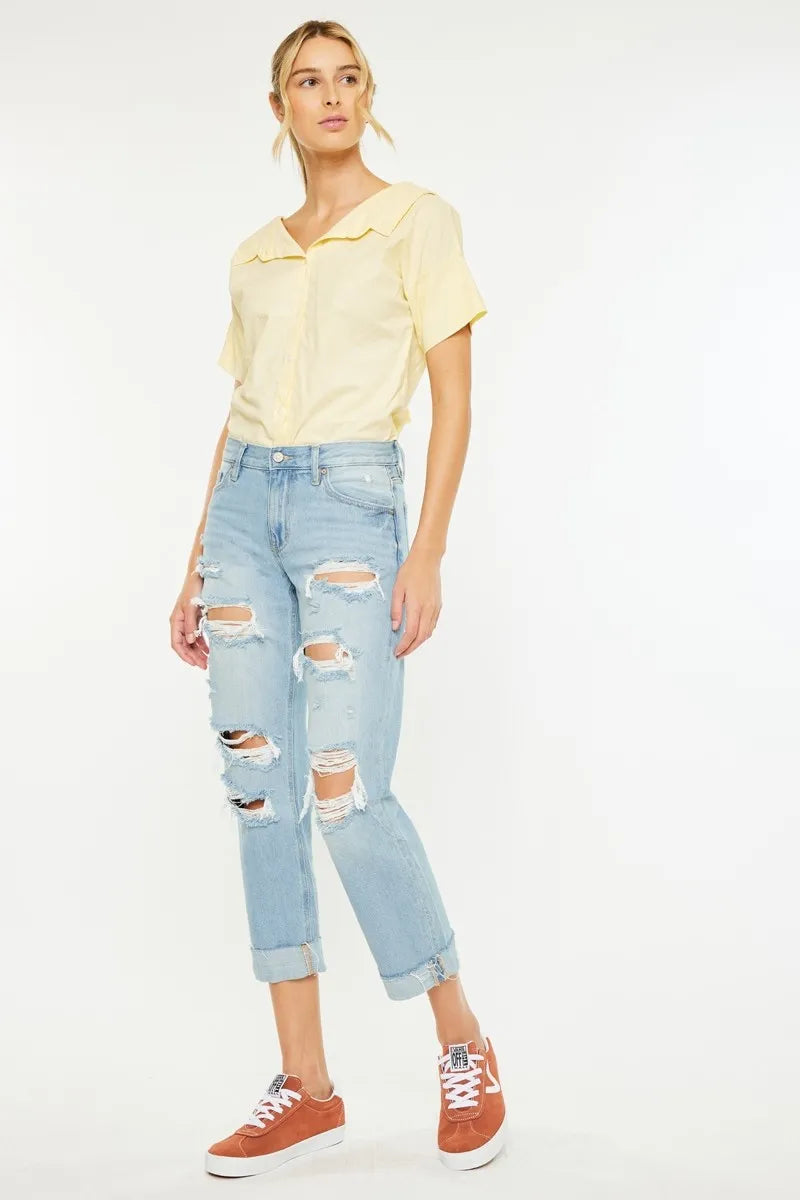 Kancan Mid Rise Distressed Boyfriend Jeans