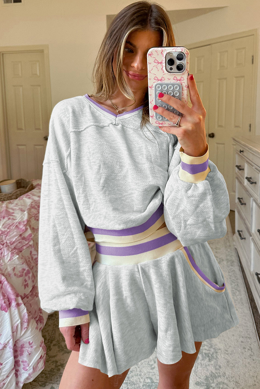 Premium Light Grey Contrast Striped Cropped Pullover And Short Set