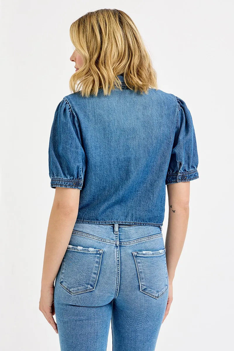 Risen Button Down Puff Sleeve Crop Denim Shirt For Women