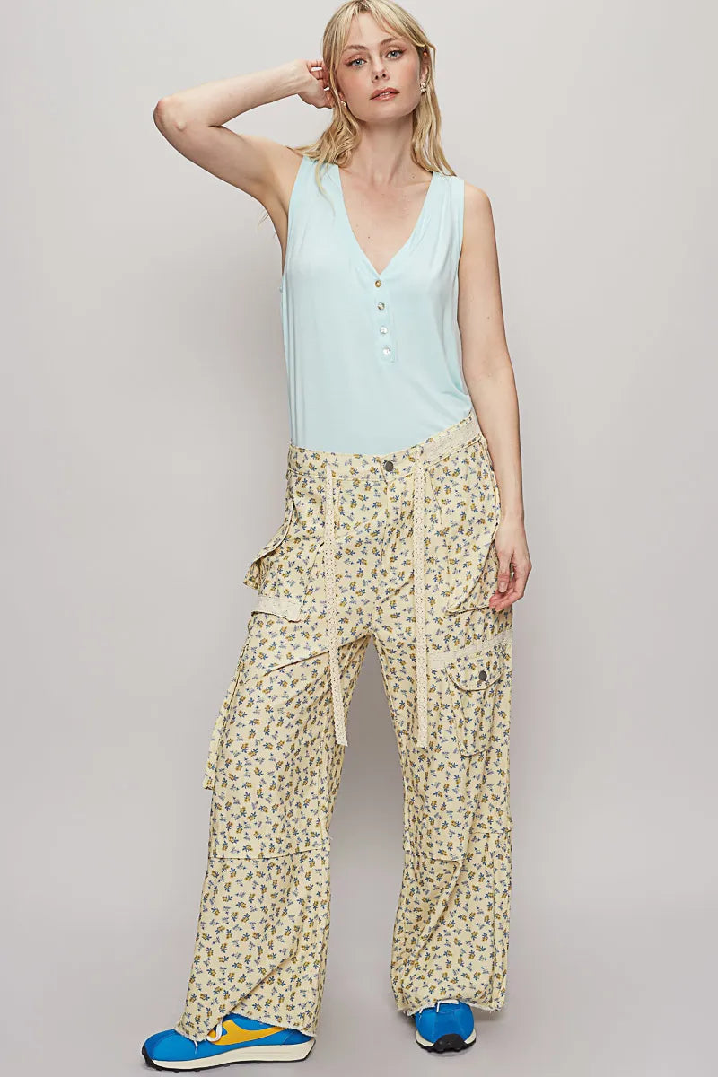 POL Floral Cargo Wide Leg Pants with Lace Drawstring