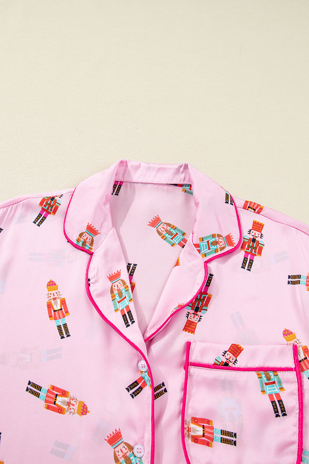 Pink Nutcracker Print Two Piece Pajama Set Contrast Trim Bow