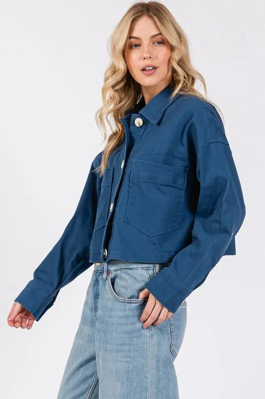 Bytos Button Down Cropped Denim Jacket With Patch Pockets