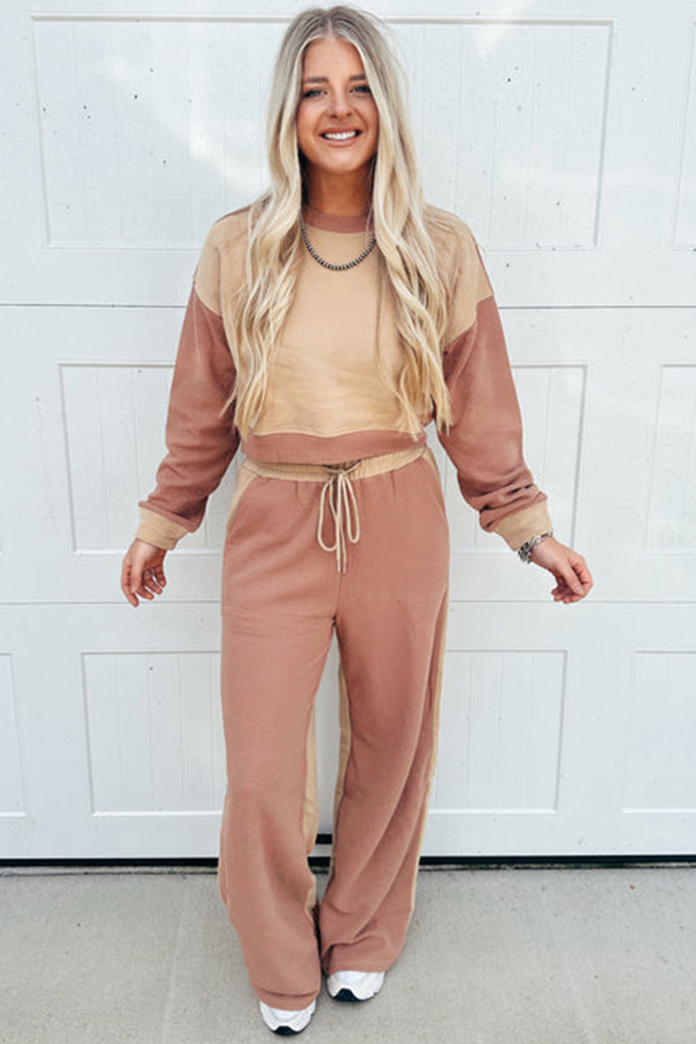 Premium Khaki Color Block Long Sleeve Crop Top Drawstring Pants Set