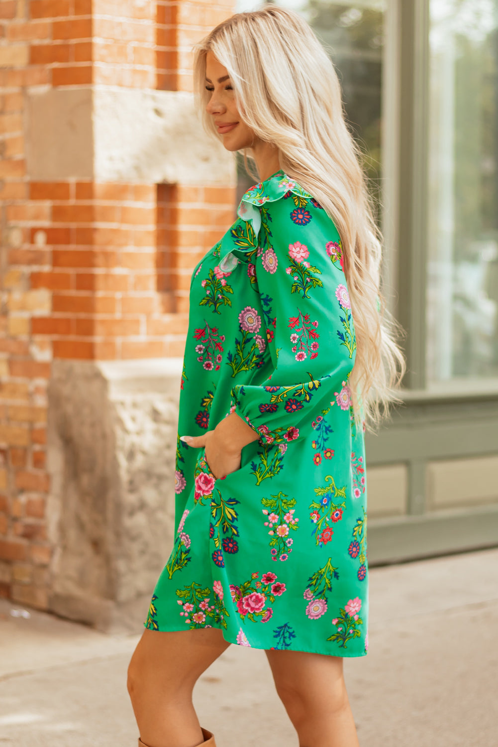 Premium Green Floral Ruffled Three Quarter Sleeve Buttoned Dress
