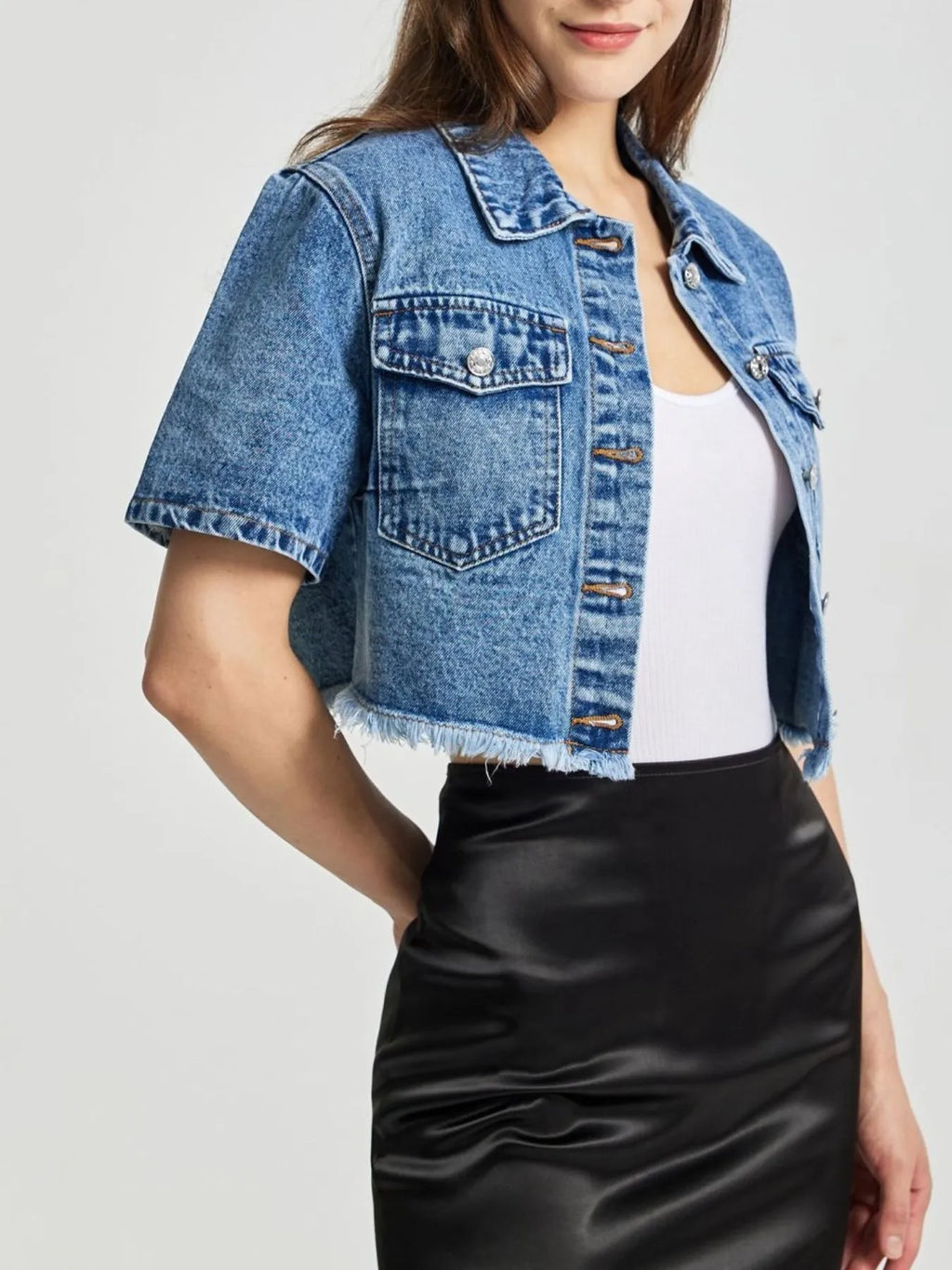 Cropped Short Sleeve Denim Jacket with Frayed Hem
