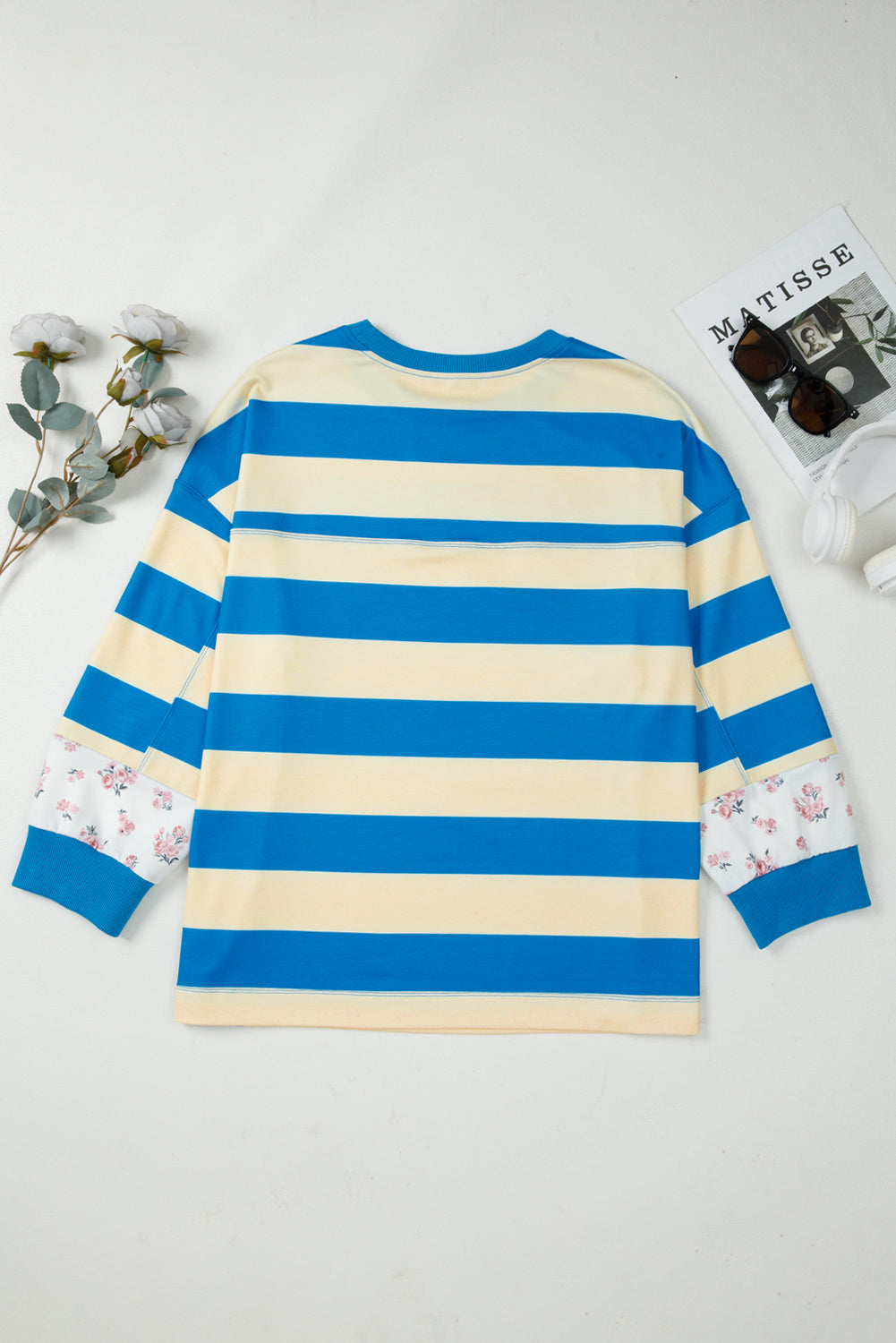 Blue Stripe Floral Color Block Drop Shoulder Plus Size Top