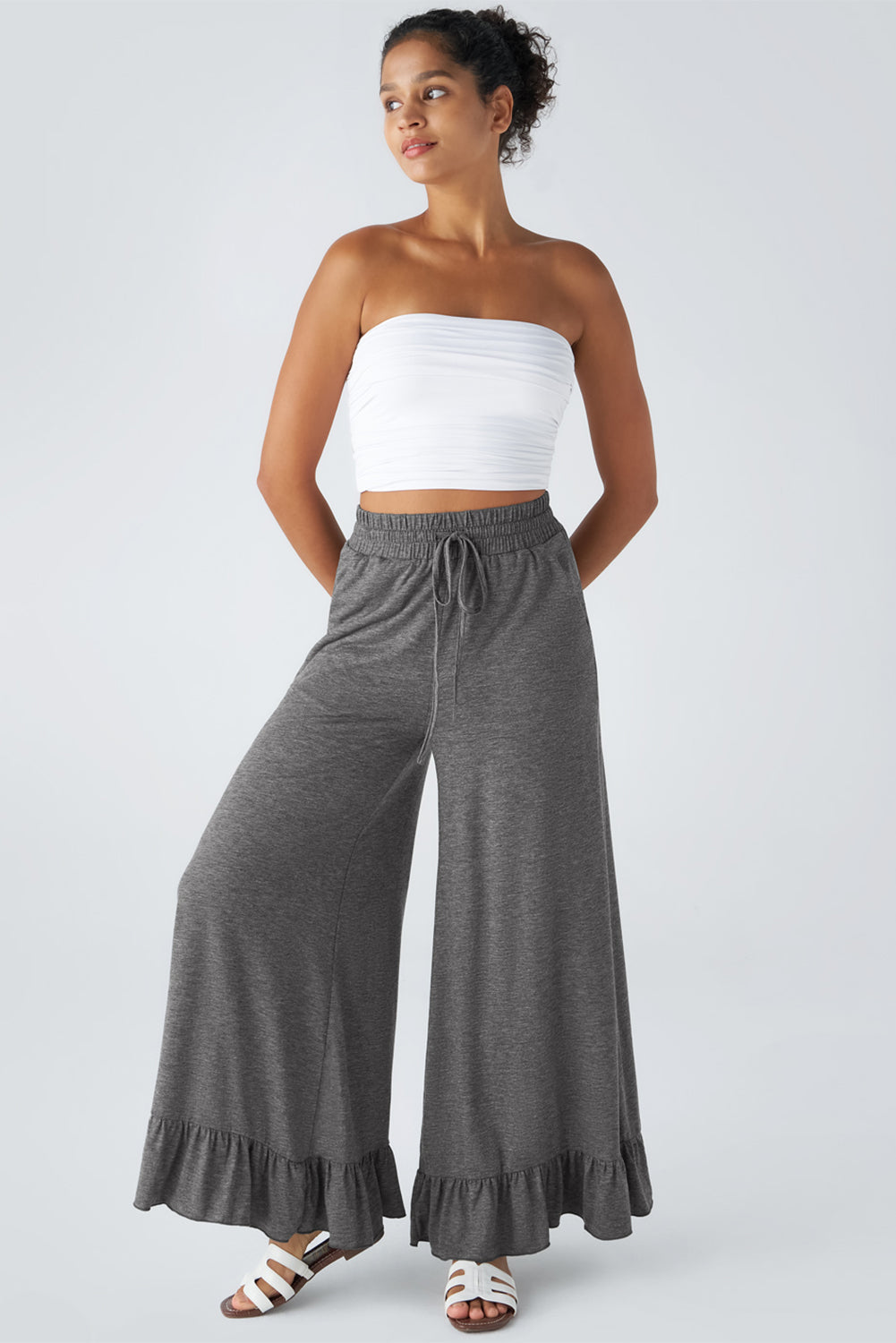 Medium Grey Ruffled Wide Leg High Waist Pants With Pockets