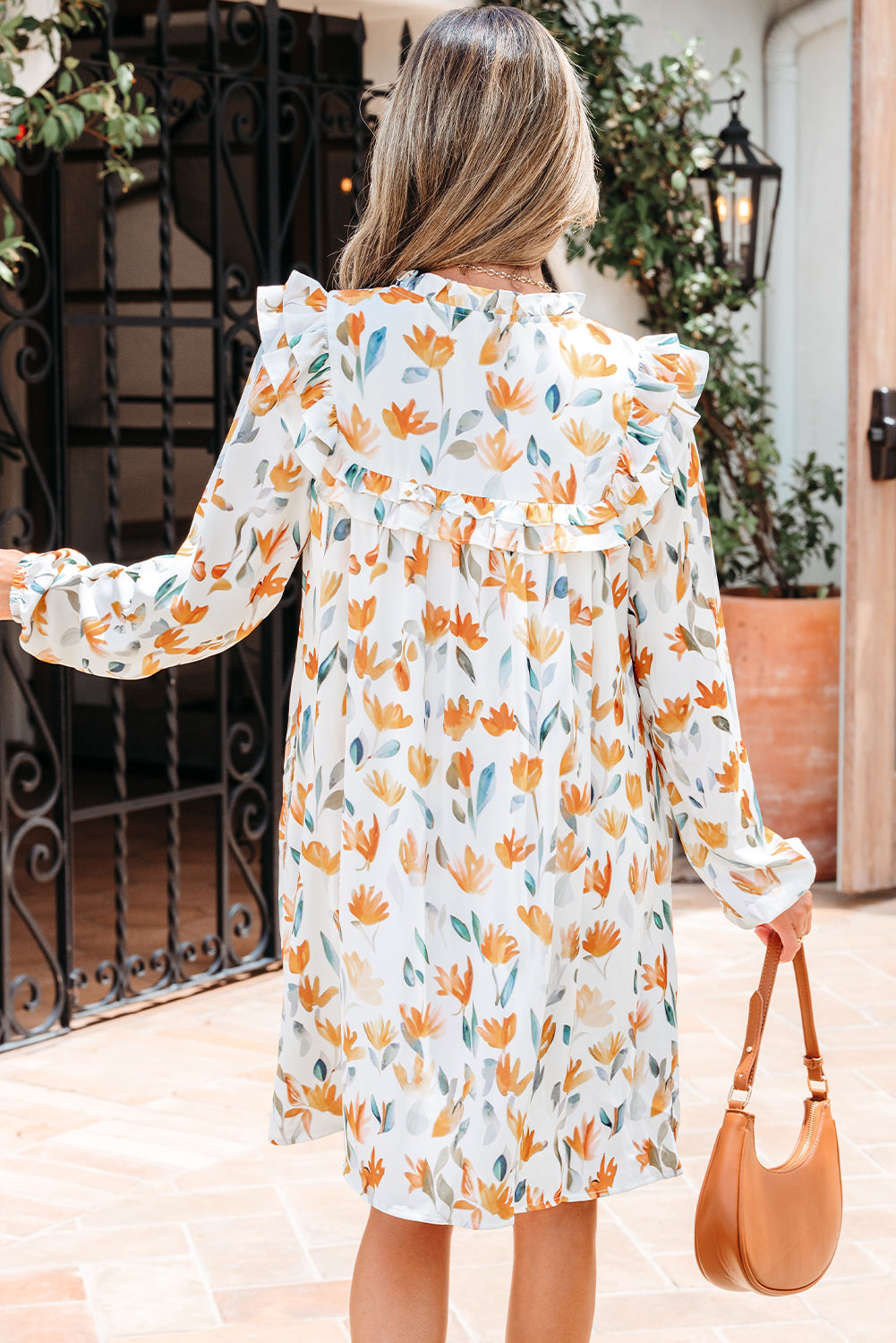 Yellow Floral Print Tie Neck Frilled Long Sleeve Mini Dress