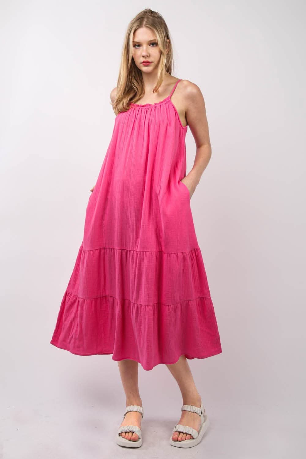 Very J Ruffled A-Line Midi Cami Dress for Summer Elegance