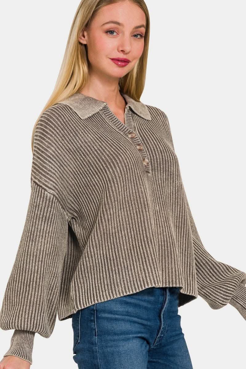Zenana half button long sleeve top