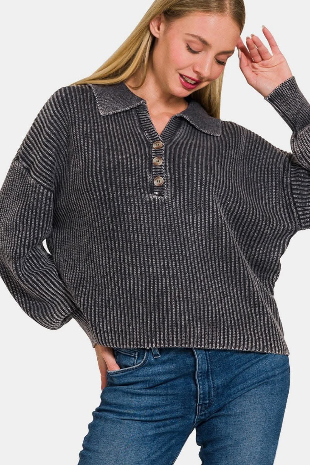 Zenana cozy half button sweater