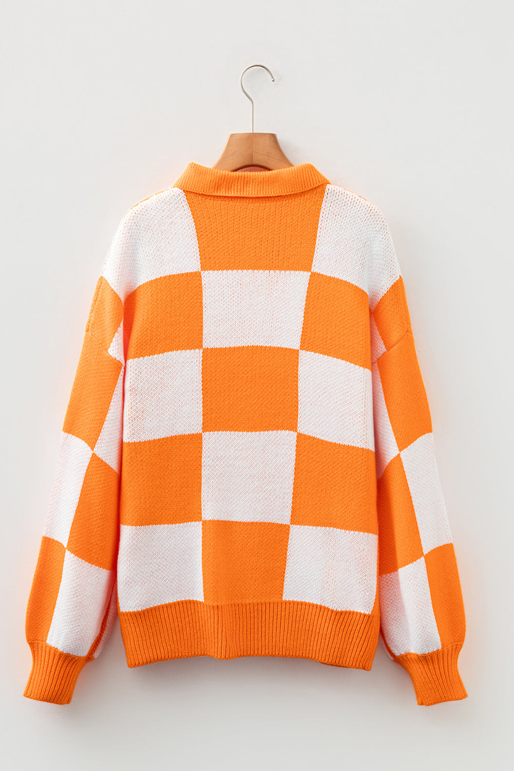 Grapefruit Orange Checkered Polo Collar Loose Sweater