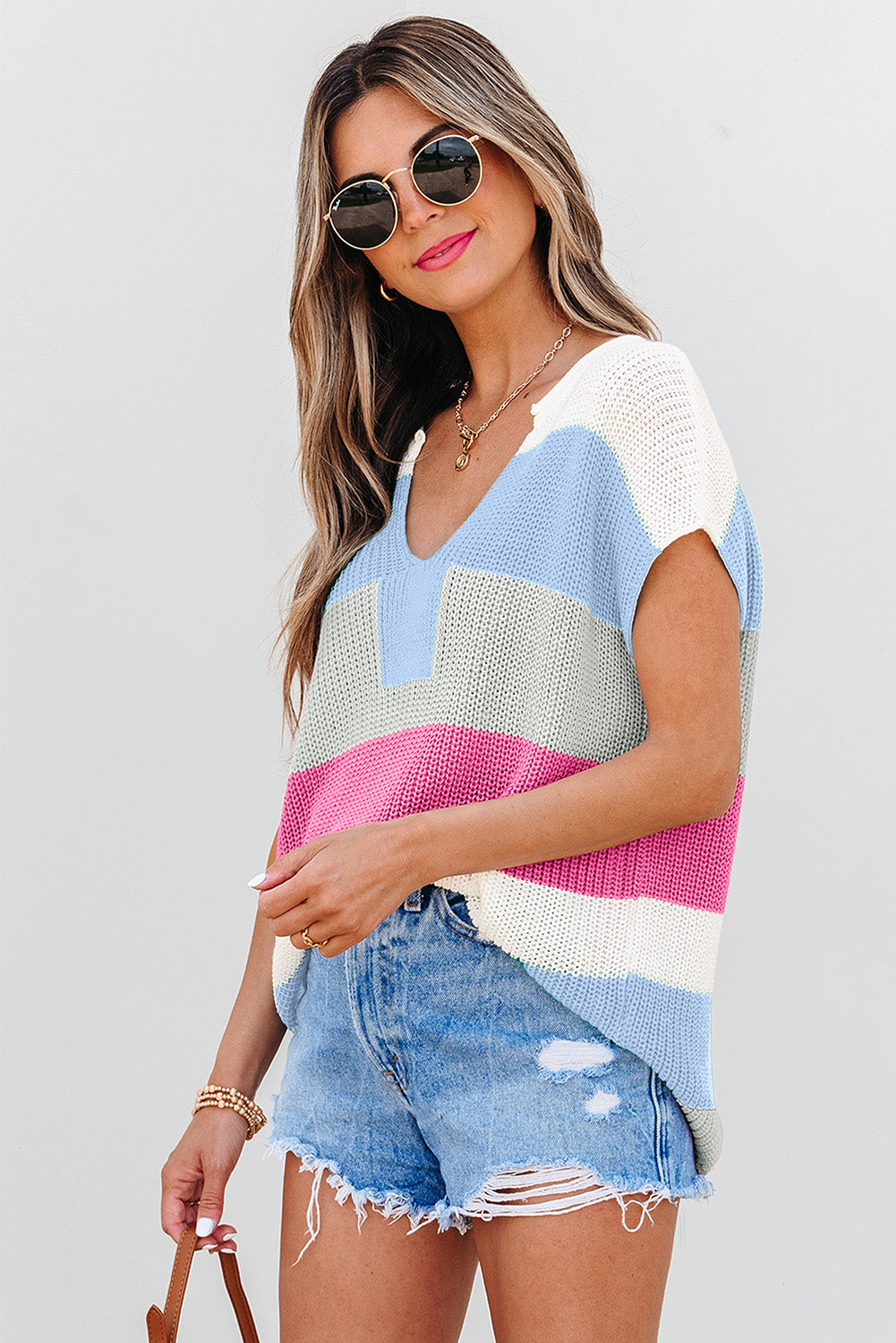 Light Blue Color Block Notch V Neck Sweater T Shirt for Women