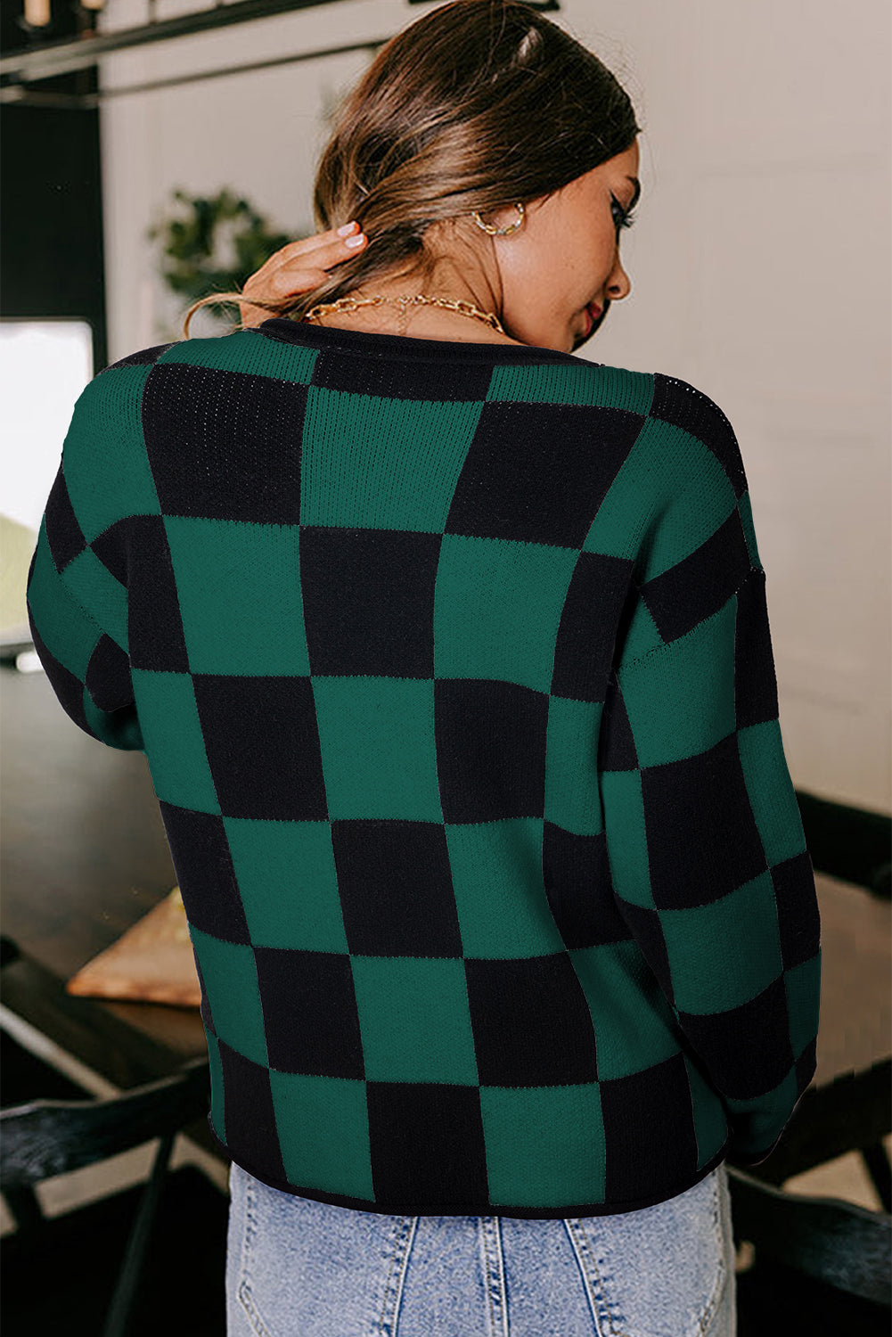 Premium Green Checked Notched Neckline Drop Shoulder Knit Sweater