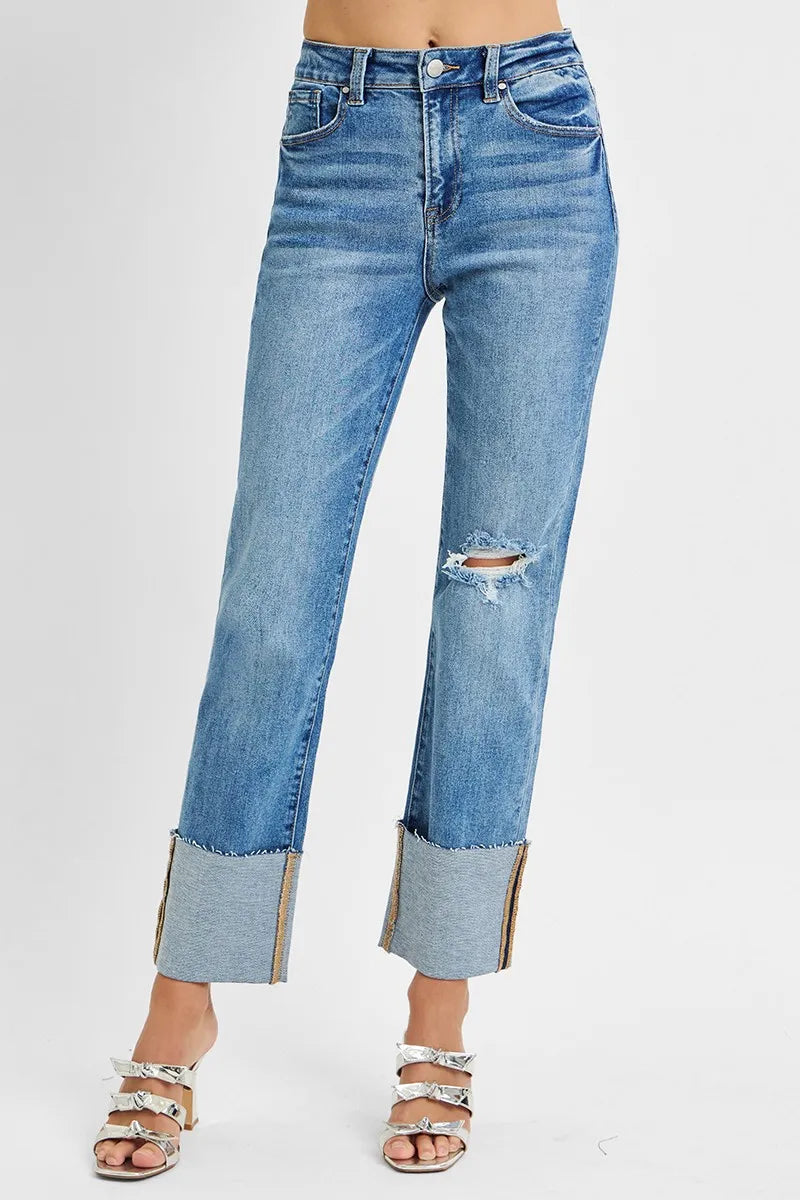 Risen High Rise Ankle Straight Wide Cuffed Jeans Plus Size