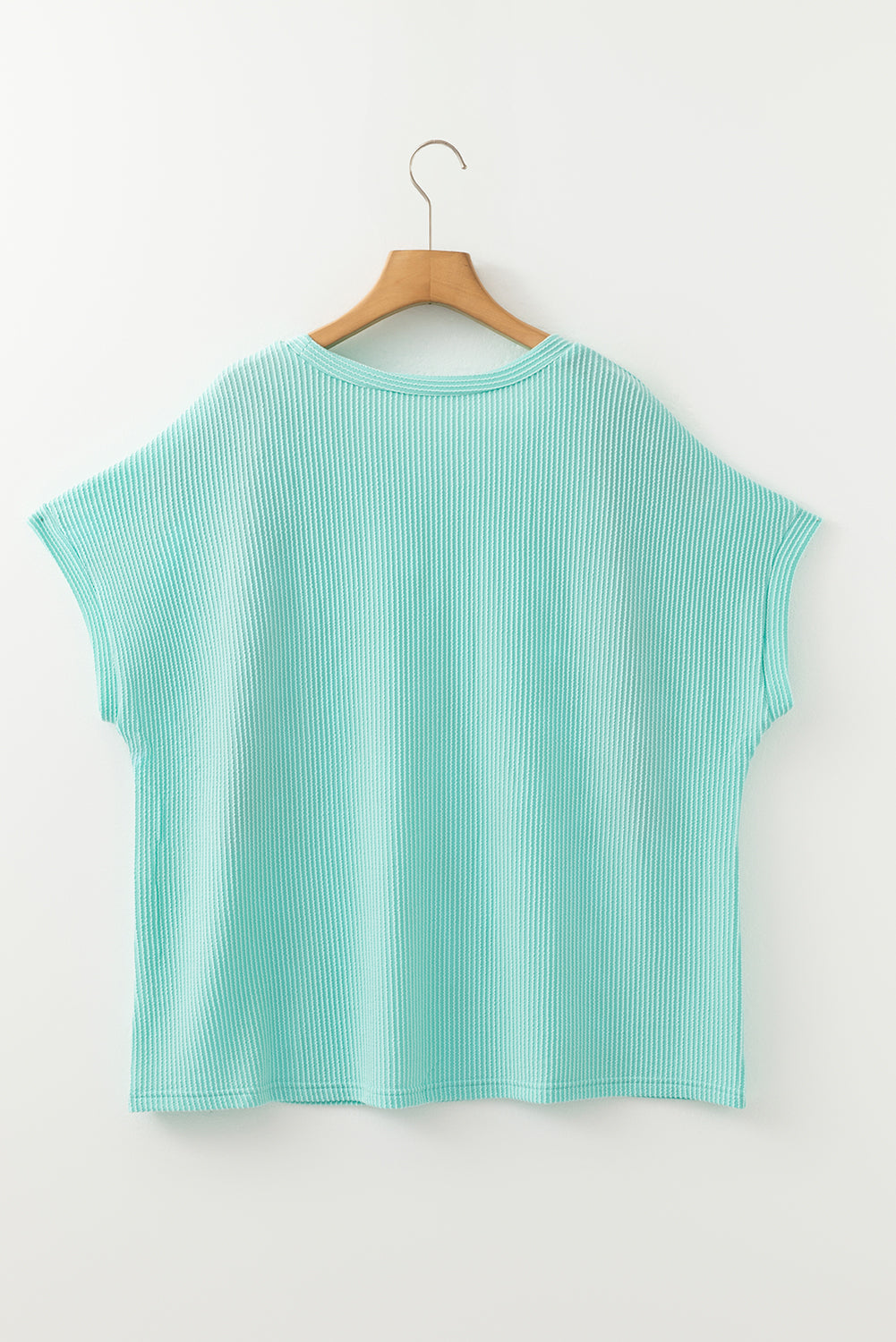 Light Blue Twisted Rib Contrast Pocket Knit Crew Neck Plus Size T Shirt