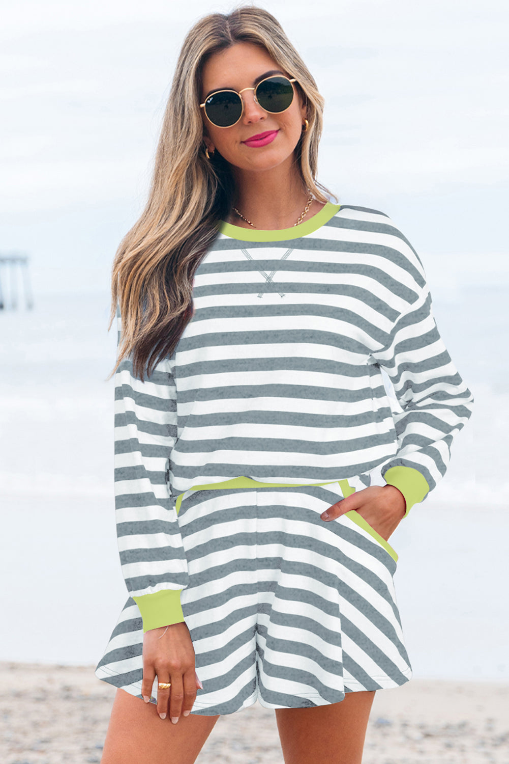 Premium Gray Stripe Ribbed Long Sleeve Blouse Plus Shorts Set