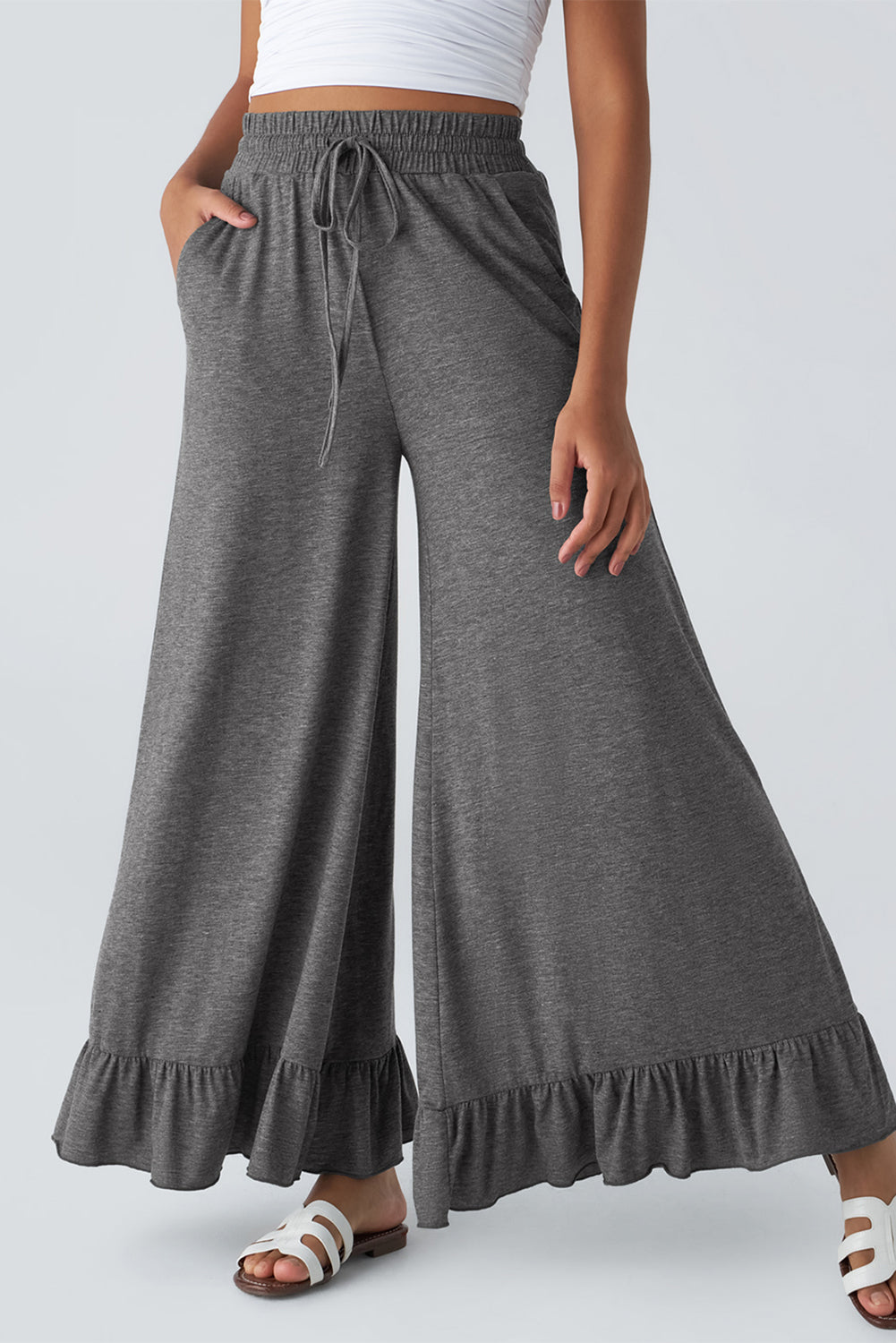 Medium Grey Ruffled Wide Leg High Waist Pants With Pockets