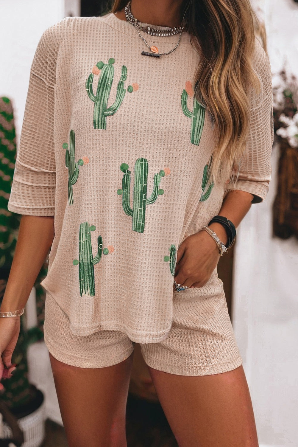 Light French Beige Cactus Forest Waffle Half Sleeve Tee Set