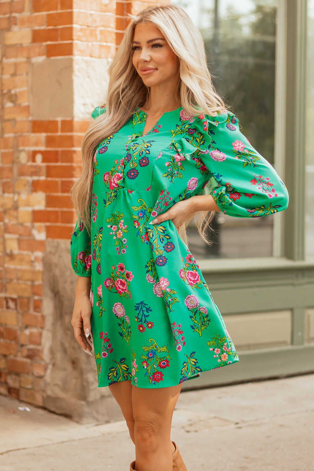 Premium Green Floral Ruffled Three Quarter Sleeve Buttoned Dress