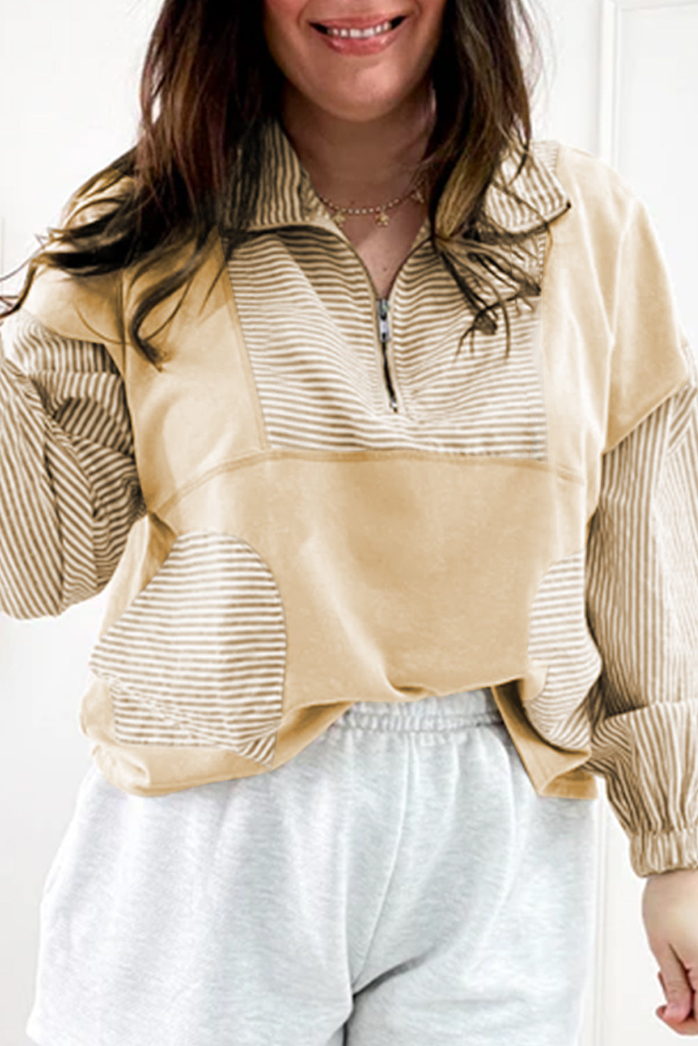 Khaki Stripe Mix Half Zip French Terry Plus Size Sweatshirt