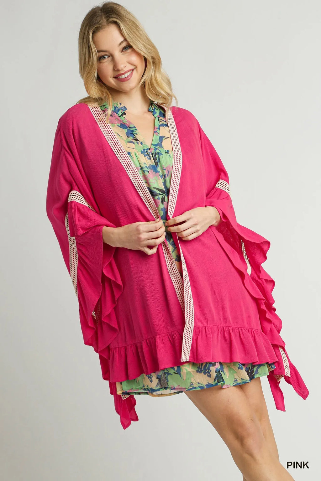 Umgee Ruffle Trim Kimono with Crochet Accent