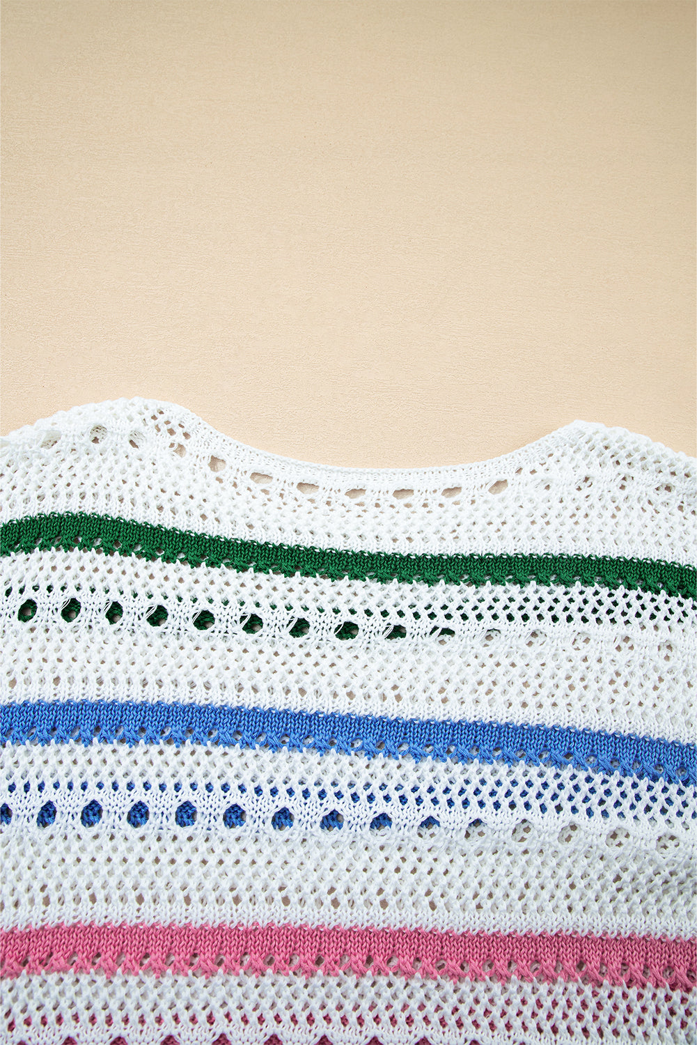Premium White Color Block Striped Pointelle Knit Sweater