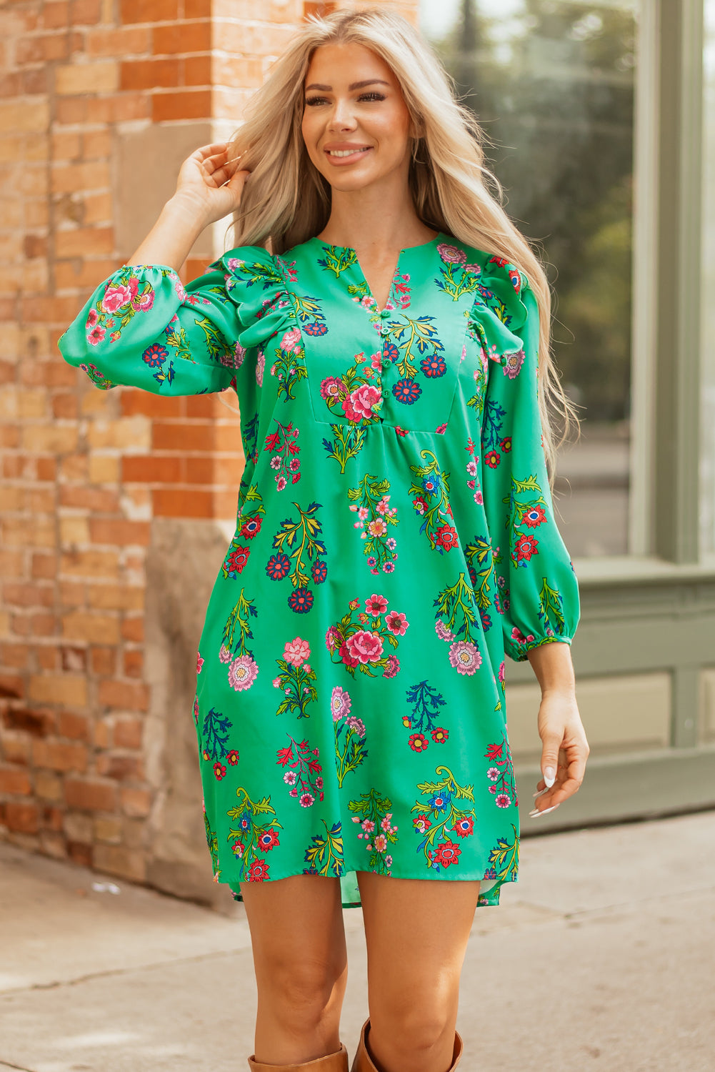 Premium Green Floral Ruffled Three Quarter Sleeve Buttoned Dress