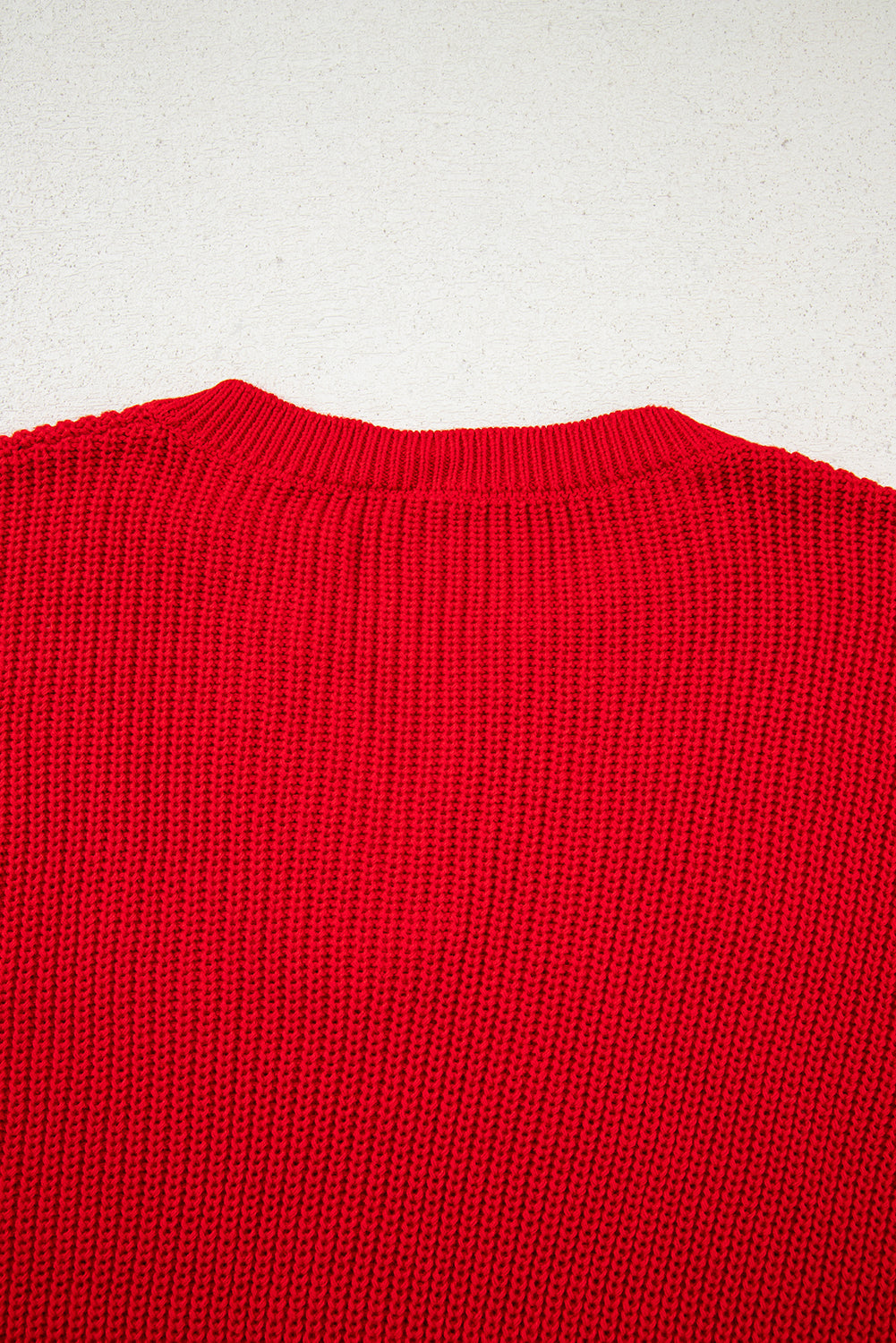 Premium Racing Red Solid Textured Knit V Neck Drop Shoulder Sweater