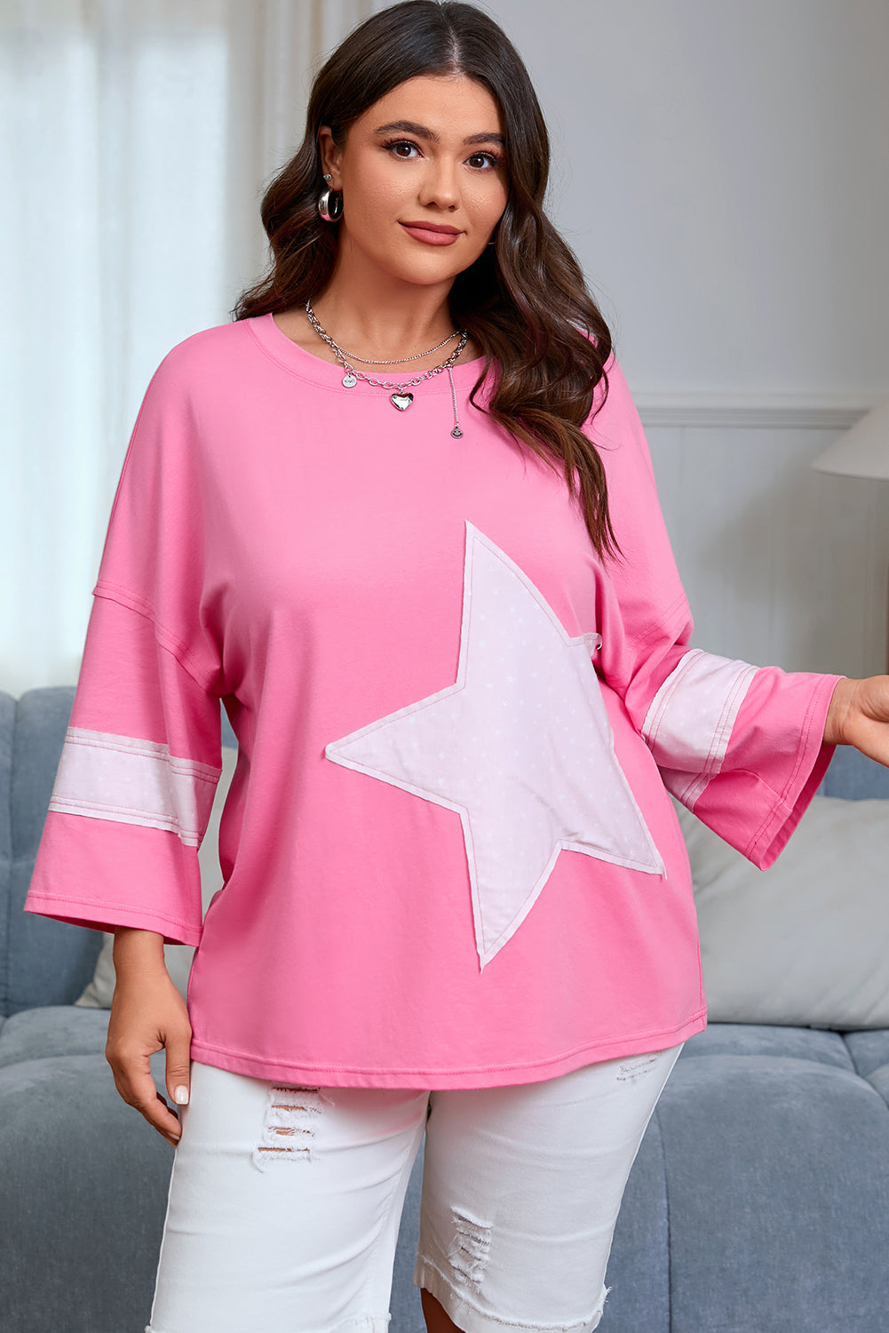 Plus Size Pink Star Patched Colorblock Raw Edge Loose Tee
