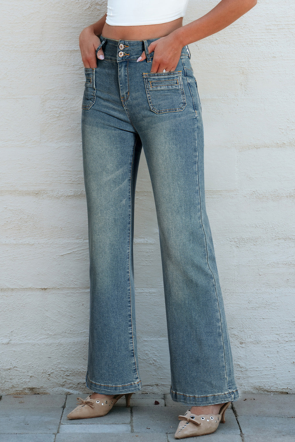 Premium Amyra Double Button Patch Pocket Flare Leg Jeans