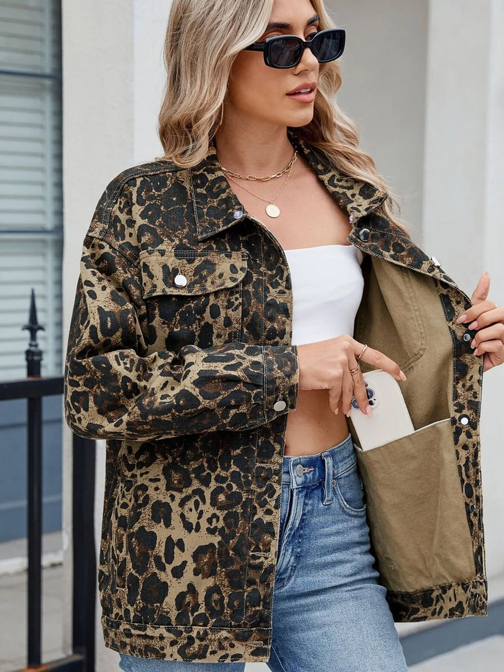 Leopard Print Oversized Denim Jacket
